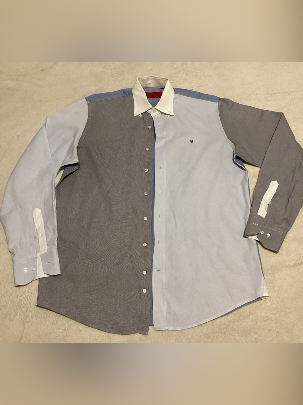 Carolina Herrera Two-Tone Button-Down Shirt in Light Blue, Gray & White